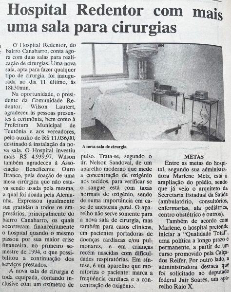 Há 30 anos: Hospital Redentor inaugurava segunda sala cirúrgica em Canabarro