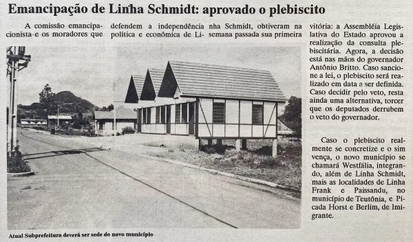 Há 30 anos: Assembleia Legislativa aprovava a realização de plebiscito sobre emancipação de Linha Schmidt