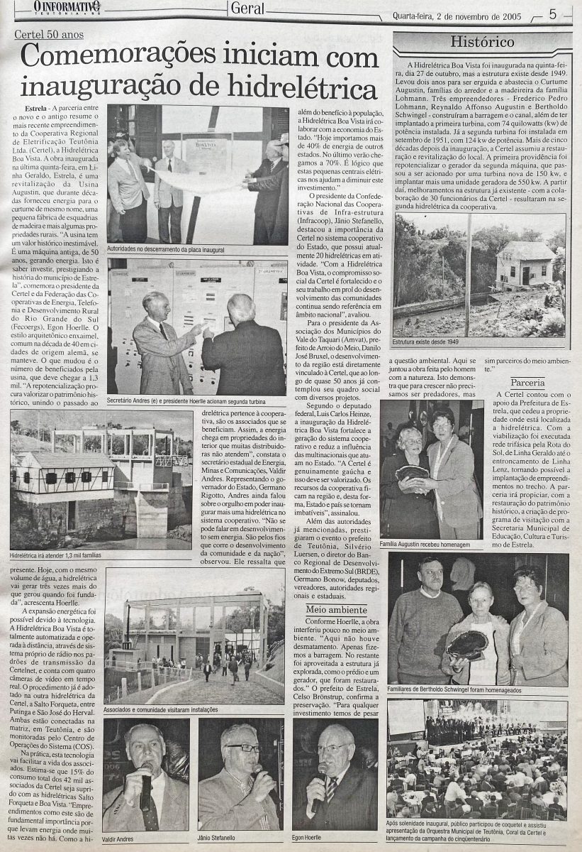 Há 20 anos: inauguração da Hidrelétrica Boa Vista marcava 50 anos da Certel