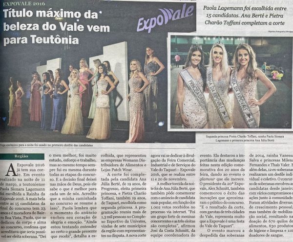 Há 10 anos: Paola Sionara Lagemann era eleita rainha da Expovale 2016