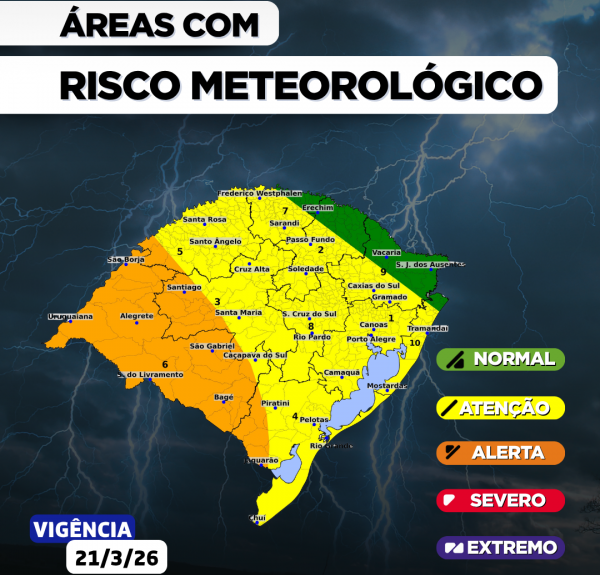 Defesa Civil alerta para temporais e risco de alagamentos no RS a partir de sábado