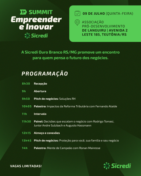 Summit Empreender e Inovar integra programação dos 45 anos da Sicredi Ouro Branco RS/MG