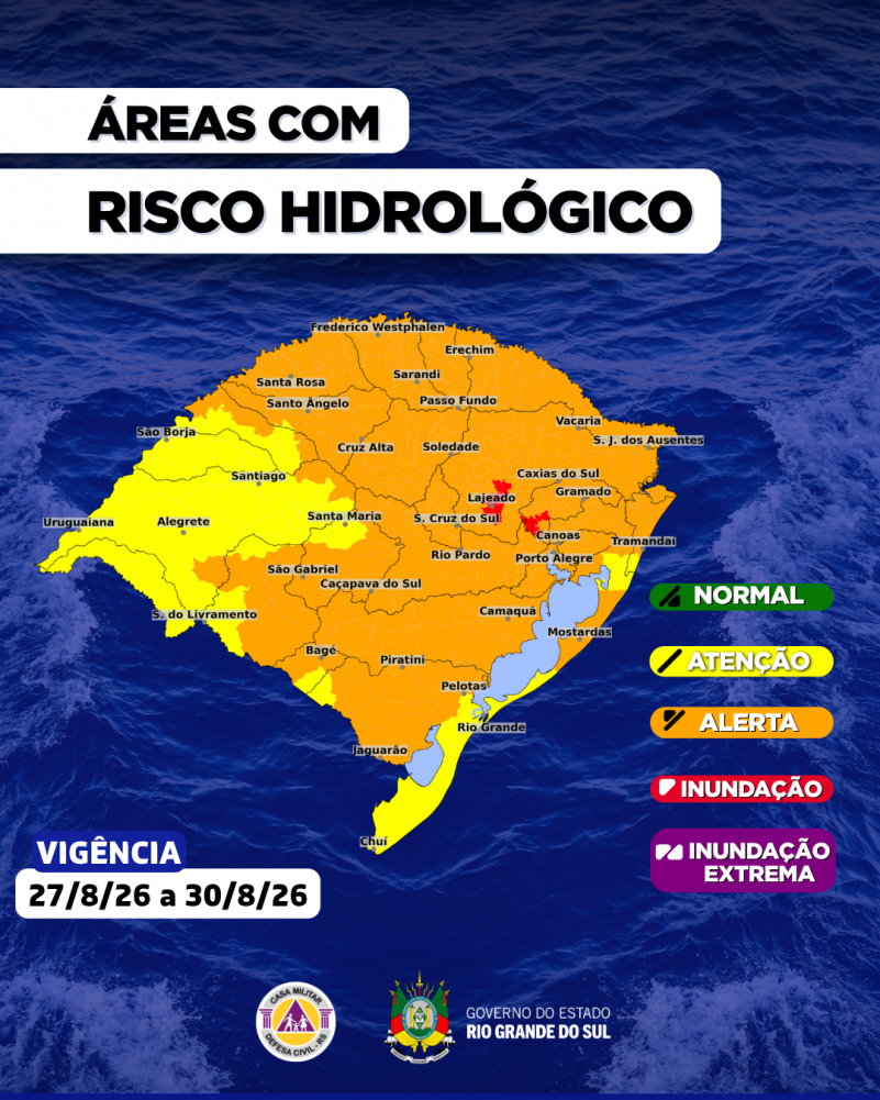 Defesa Civil alerta para chuva intensa e risco de inundação na bacia do Taquari