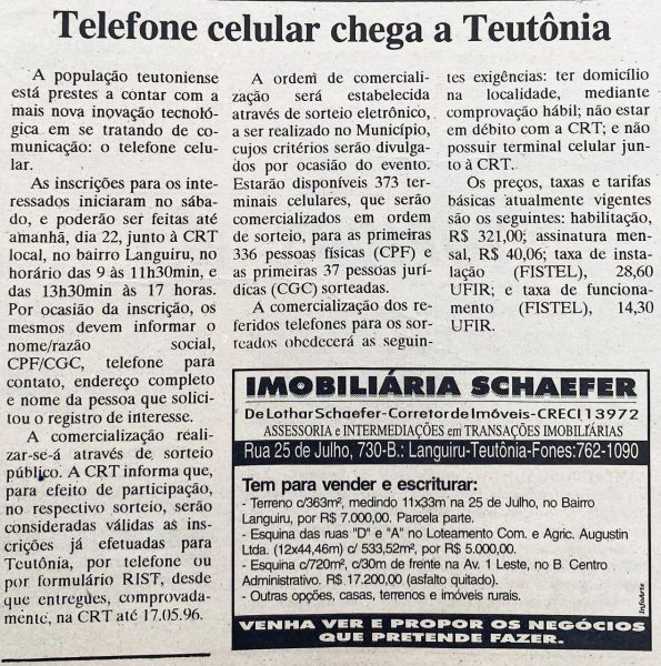 Há 30 Anos: Teutônia recebia os primeiros telefones celulares