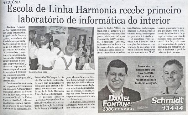 Há 20 anos: Escola de Linha Harmonia recebia laboratório de informática