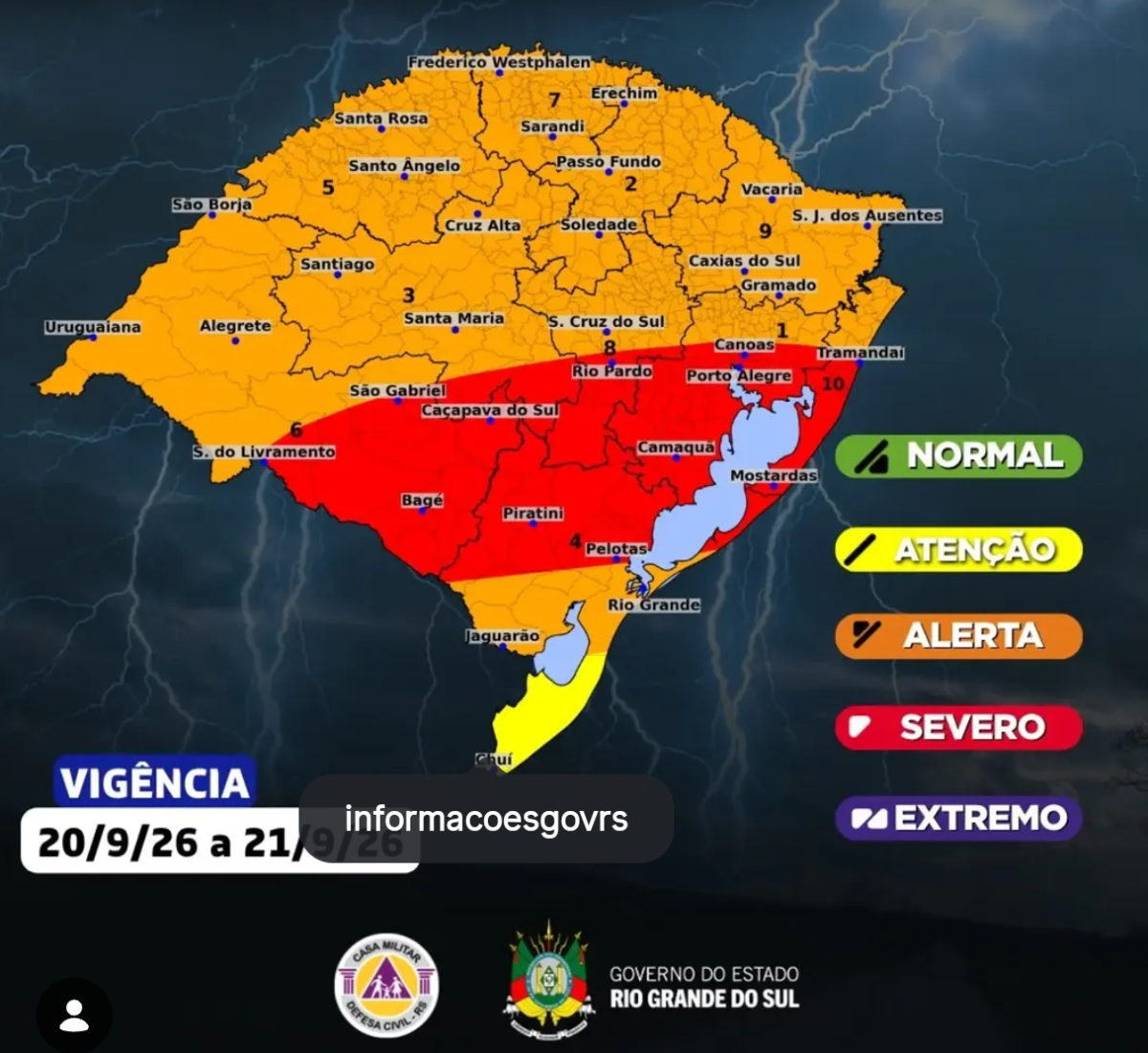 Defesa Civil alerta para temporais no RS entre domingo e segunda-feira