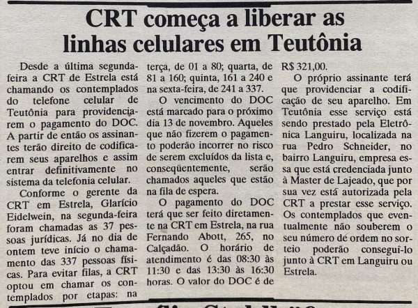 Há 30 anos: CRT iniciava convocação de contemplados para linhas de celular em Teutônia